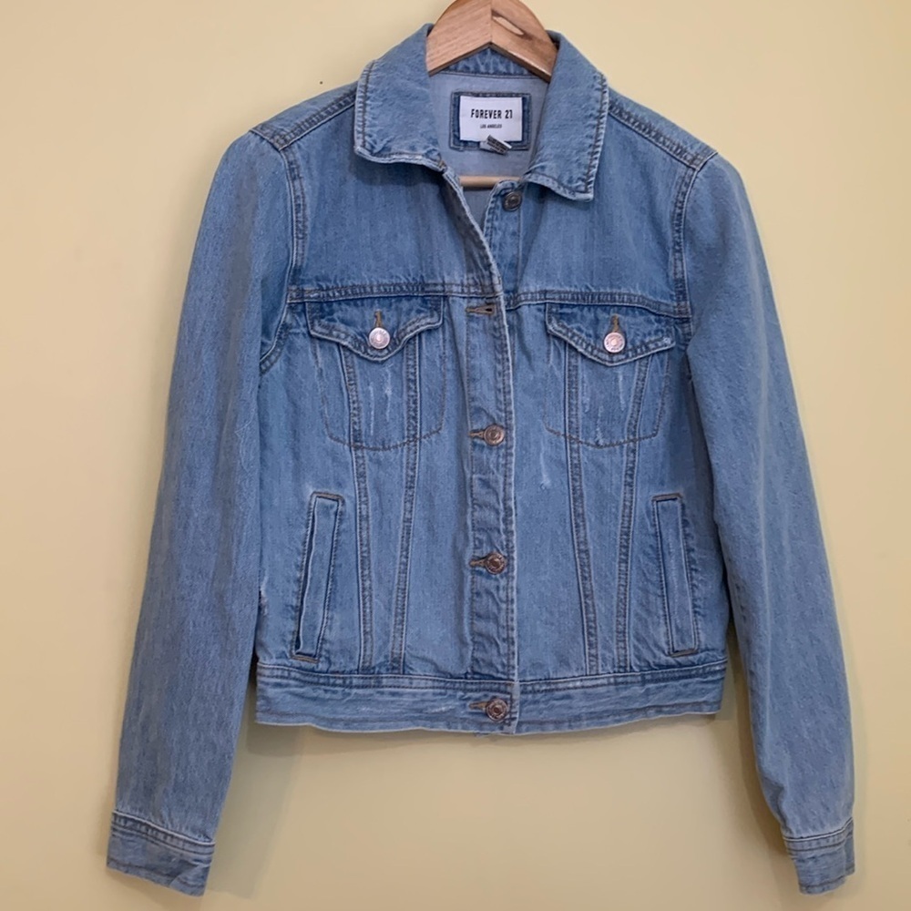 Forever 21 | Distressed Denim Blue Jean Button Down Jacket Small - Picture 3 of 14